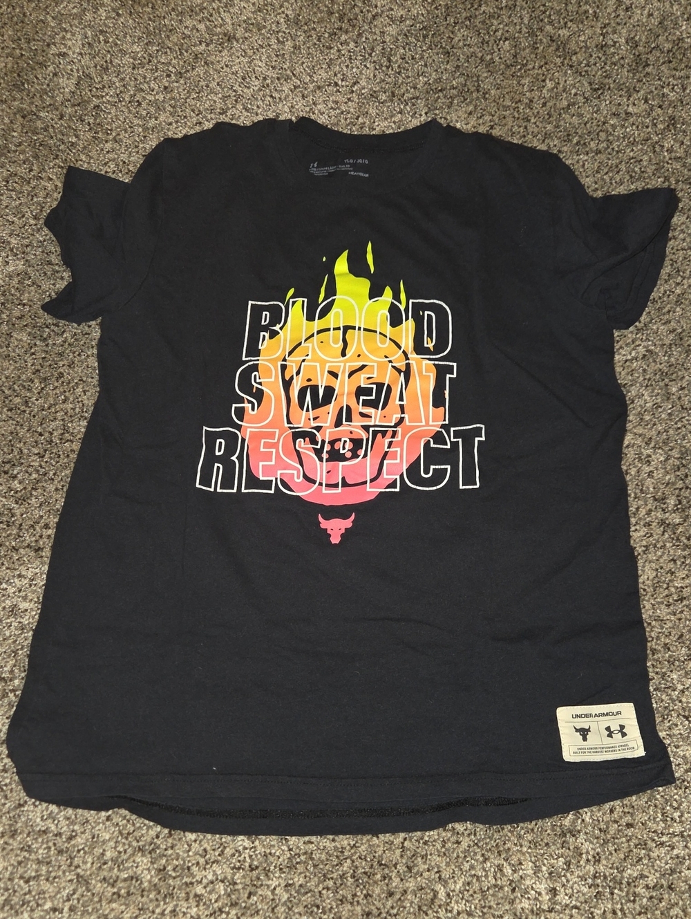Under Armour Boy’s Black Graphic Tee with Yellow-Orange-Pink Flame Motif